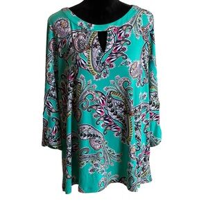 SUSAN GRAVER TEAL PAISLEY TUNIC TOP SZ XL